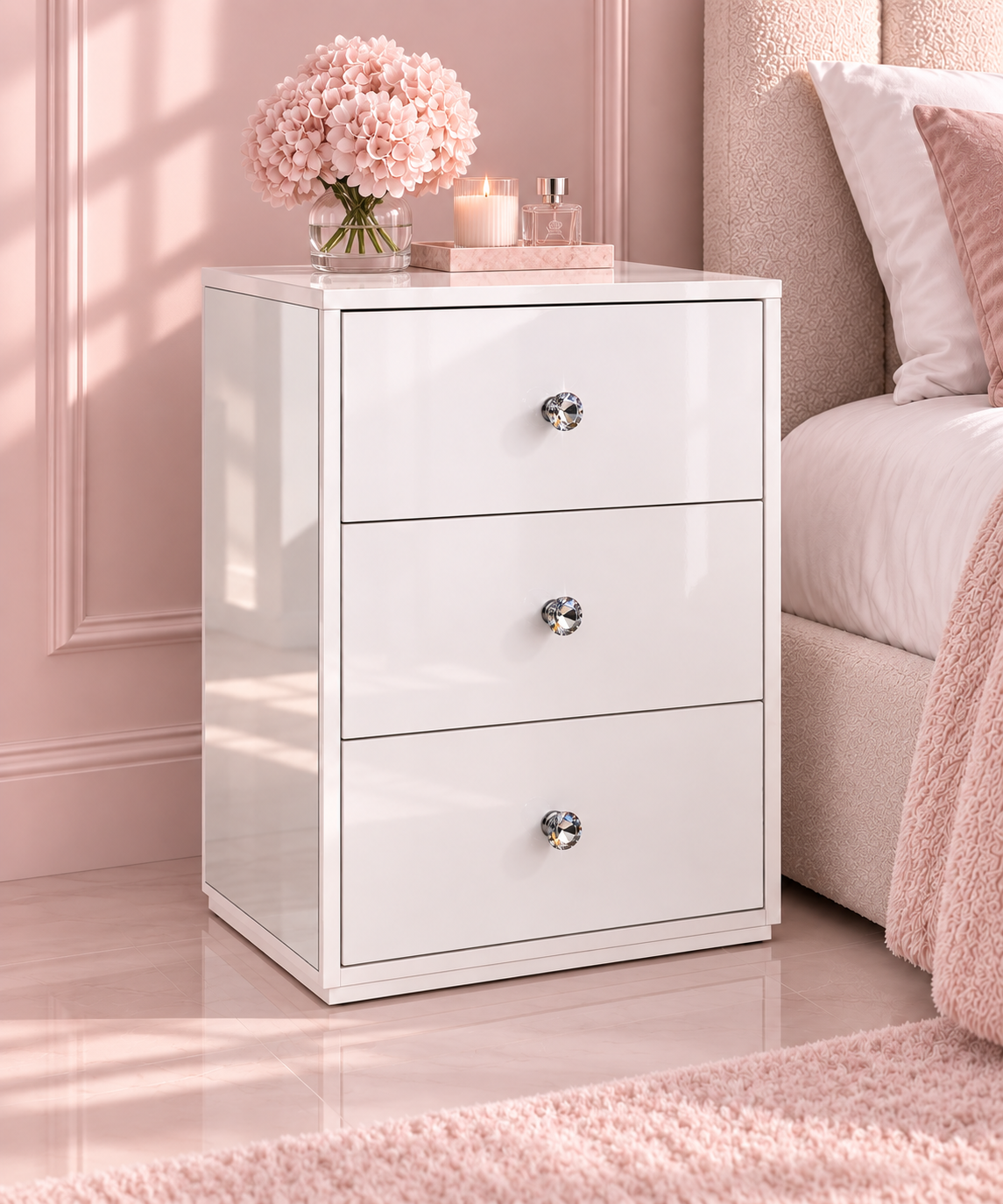 Divine Doll Bedside Table in blush bedroom setting