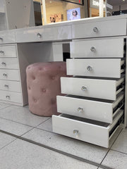 Dollface Collection luxury makeup vanity package featuring the Dollface Vanity, Luna Luxe Hollywood Mirror and Marshmellow Ottoman for the ultimate beauty room setup by Vanity Vault.