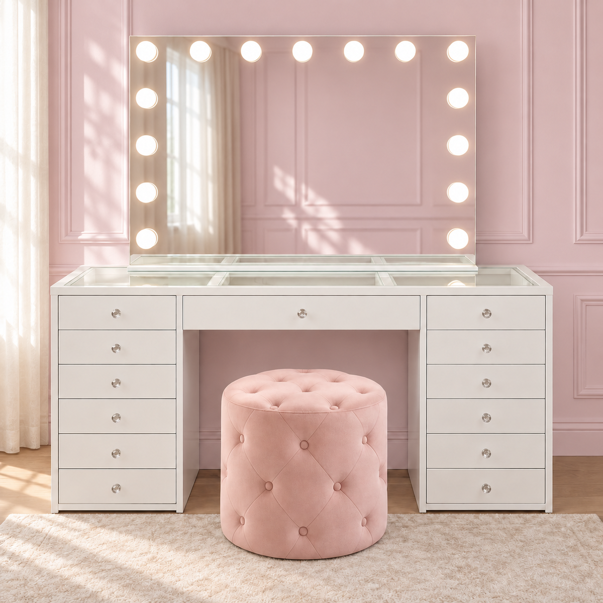 Essentials Collection Babyface Edition white glass-top vanity, illuminated bulb mirror and pink tufted ottoman