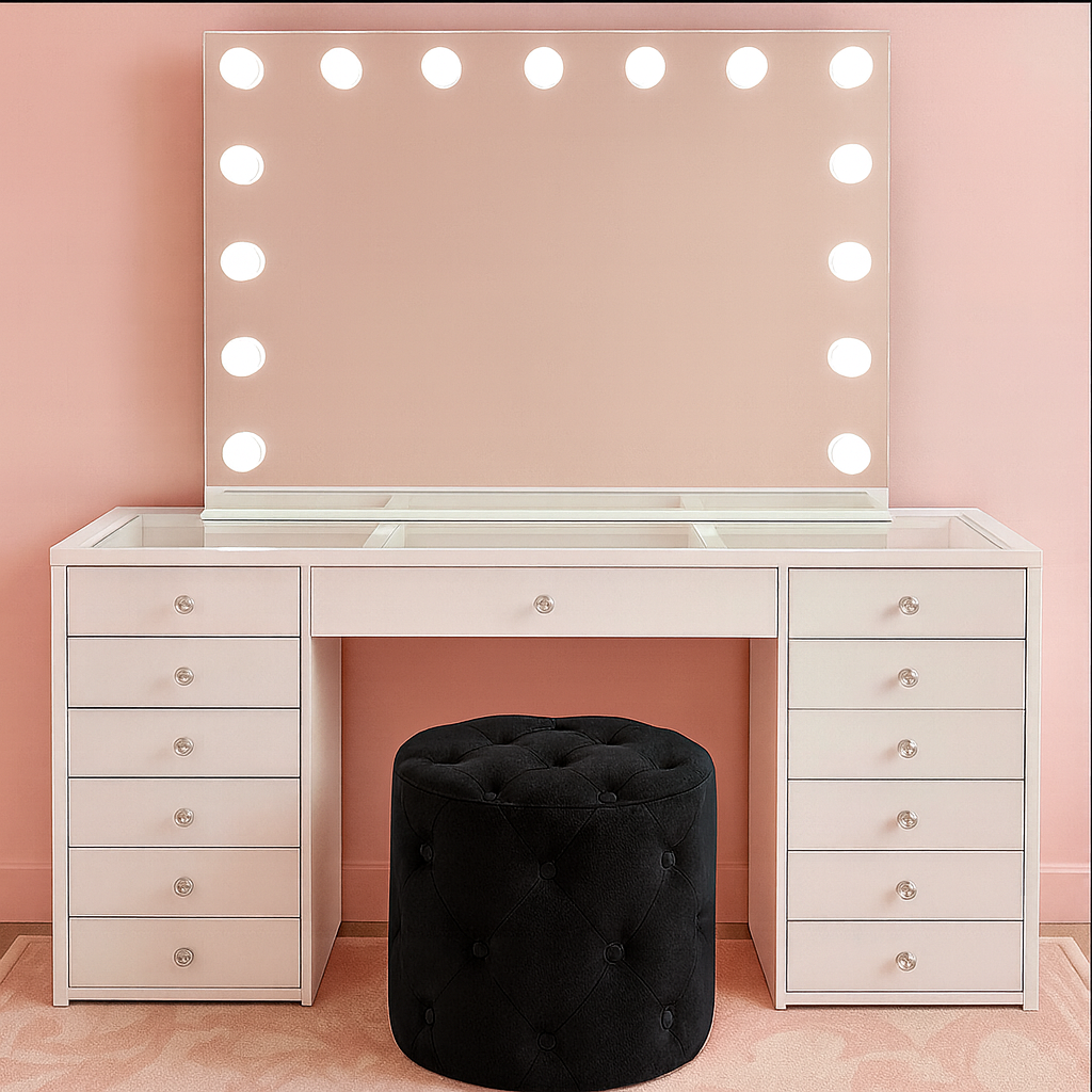 Essentials Collection BabyFace Edition luxury makeup vanity package featuring the BabyFace Vanity, Luna Luxe Hollywood Mirror and Marshmellow Ottoman for the ultimate beauty room setup by Vanity Vault.