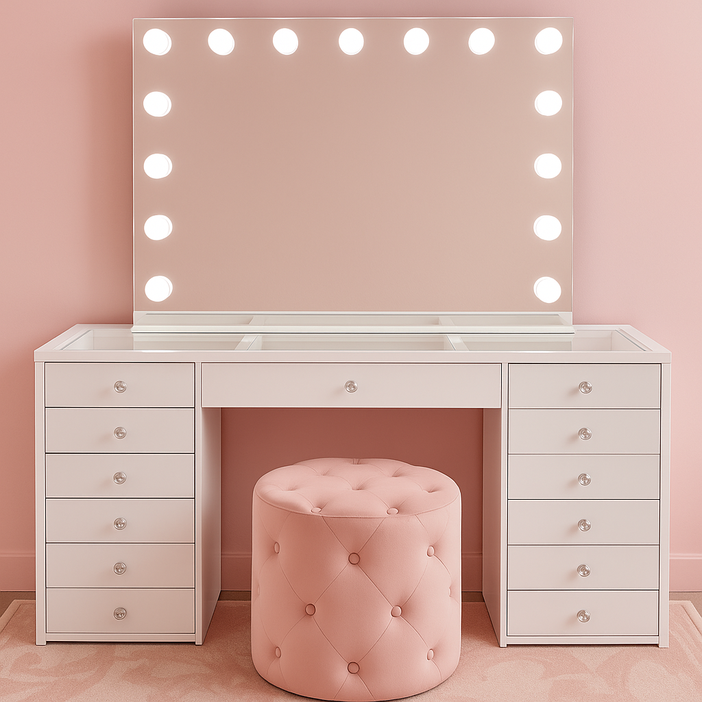 Essentials Collection BabyFace Edition luxury makeup vanity package featuring the BabyFace Vanity, Luna Luxe Hollywood Mirror and Marshmellow Ottoman for the ultimate beauty room setup by Vanity Vault.