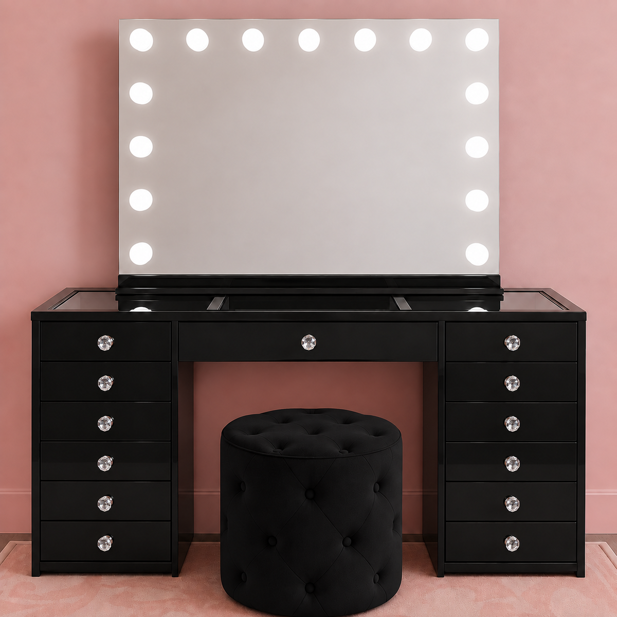 The Essentials Collection Black Edition luxury makeup vanity package with Black Out Beauty vanity, LED Hollywood mirror and matching ottoman by Vanity Vault — with clear faceted crystal drawer knobs.