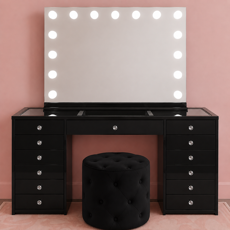 The Essentials Collection Black Edition luxury makeup vanity package with Black Out Beauty vanity, LED Hollywood mirror and matching ottoman by Vanity Vault.