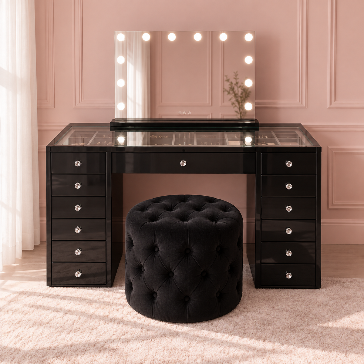 The Essentials Collection Mini Dollface Black Edition with black Mini Dollface vanity, Seraphina mirror and black Marshmellow Ottoman