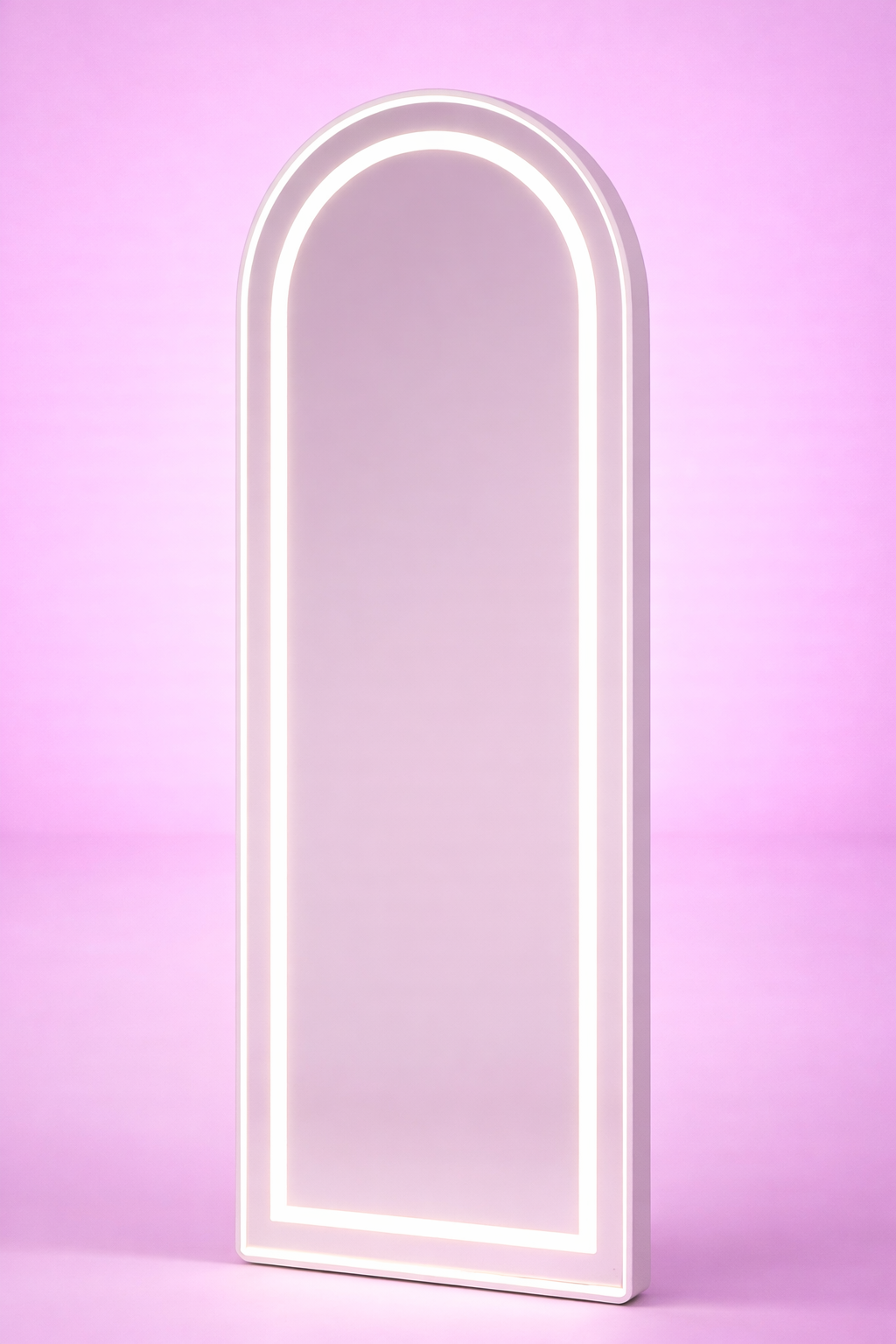 Full-length LED arch mirror with warm, neutral and cool light settings, dimmable brightness and a modern freestanding design for bedrooms and dressing areas.