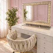 Glam LED vanity mirror with a diamond-encrusted frame, soft ambient glow and adjustable lighting for luxury beauty rooms, dressing tables and makeup vanities.