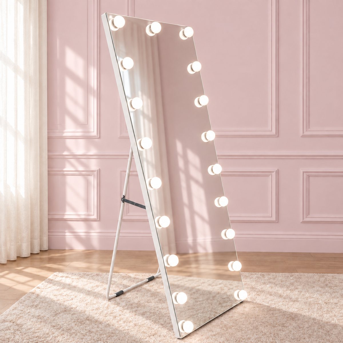 Glamour Glow Full-Length Mirror in a soft blush pink setting