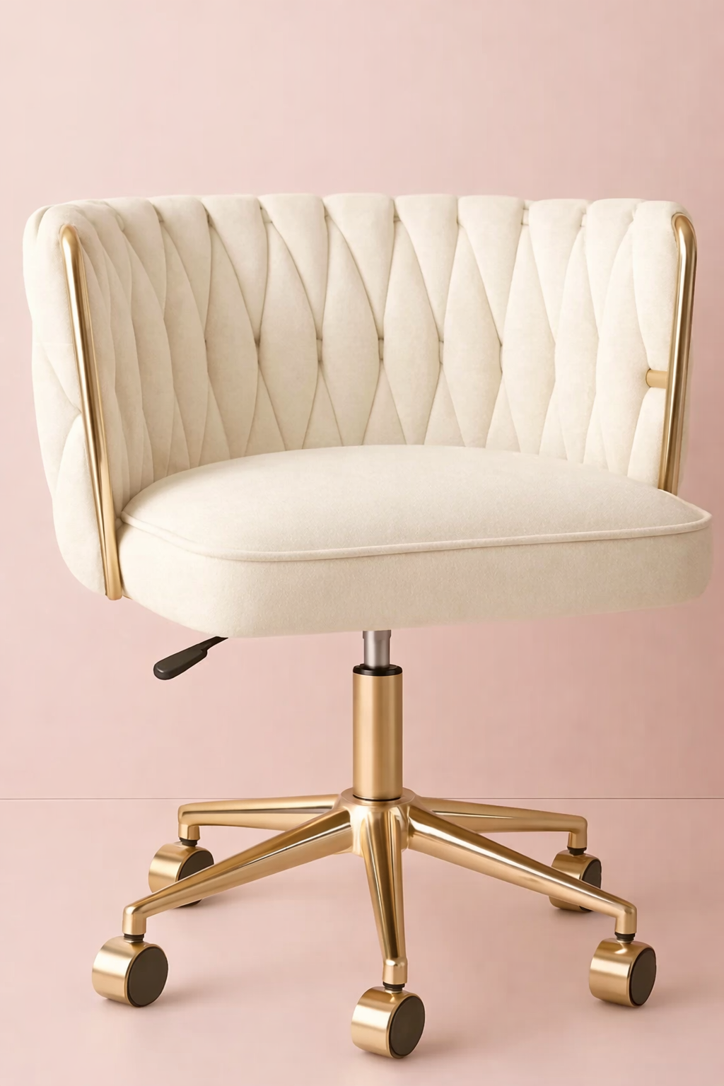Goldie Luxe velvet vanity chair with soft upholstered seating, elegant gold legs and a modern curved design for makeup vanities, dressing tables, bedrooms and beauty rooms by Vanity Vault.
