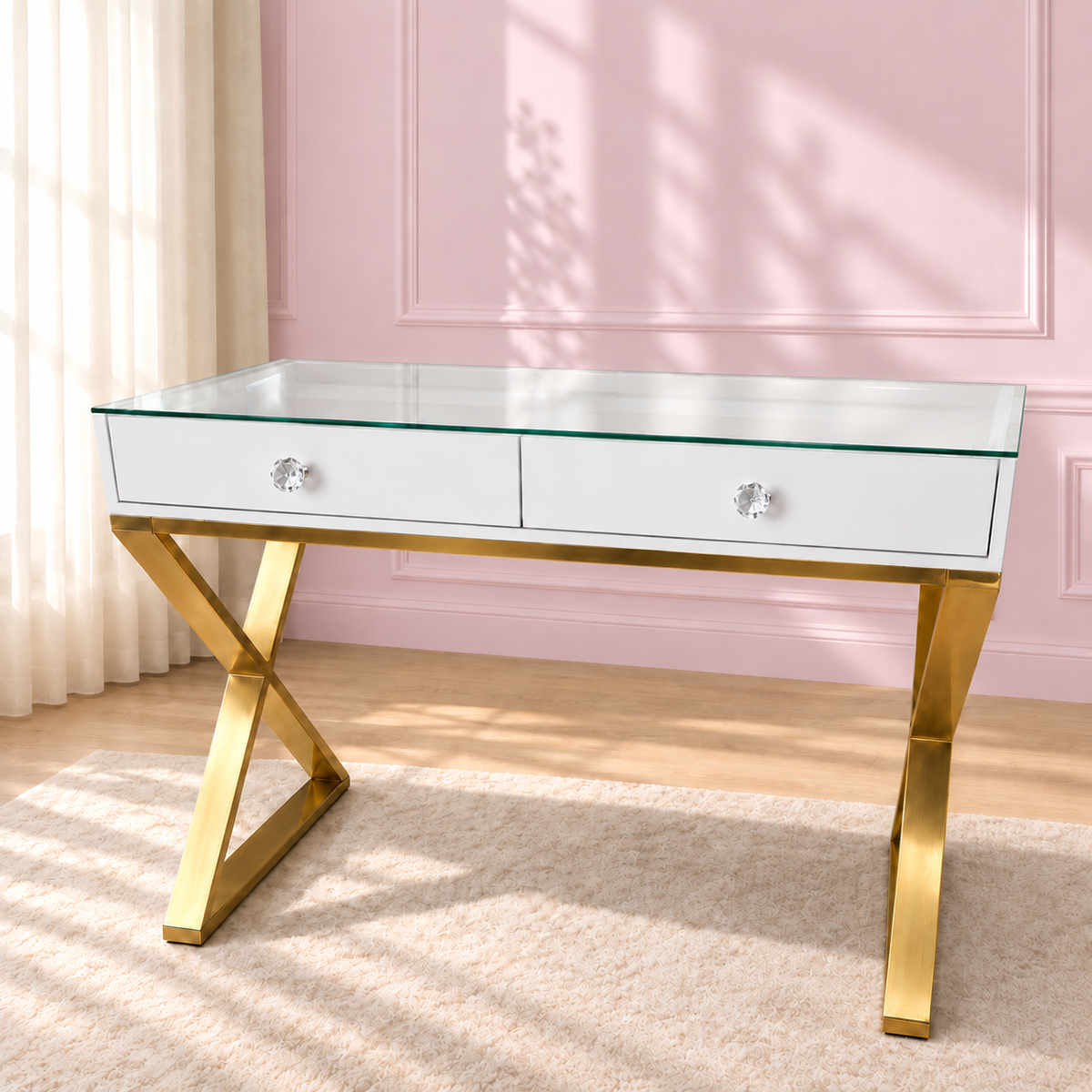 The Halo Haven Vanity in a soft blush pink setting — with clear faceted crystal drawer knobs.