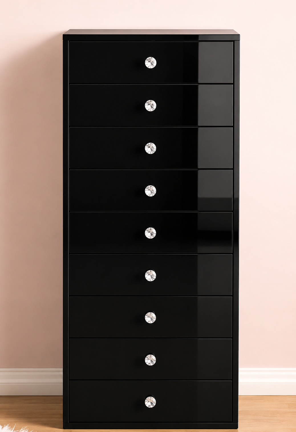 Harmony 9 Drawer Black Edition tallboy with a high-gloss black finish, nine spacious storage drawers and crystal-style knobs for makeup, beauty products, accessories and bedroom storage by Vanity Vault.