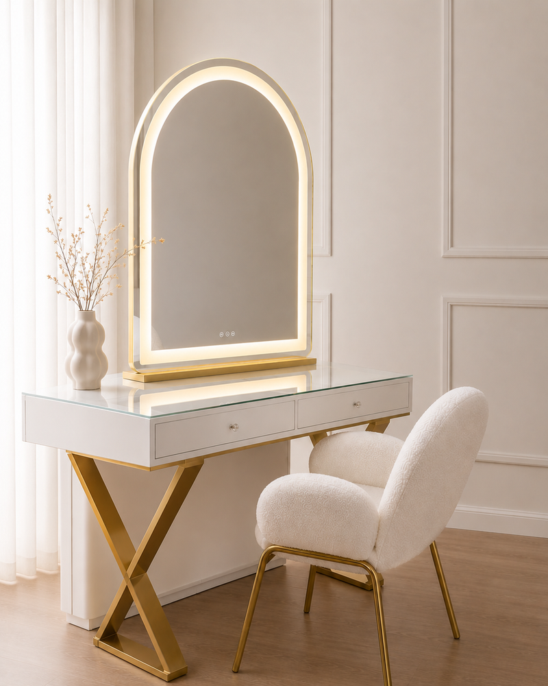Heaven Sent Collection luxury makeup vanity package featuring the Halo Haven Vanity, Mini Aries LED Mirror and Candy Cloud Lounge Chair with elegant white and gold finishes by Vanity Vault.