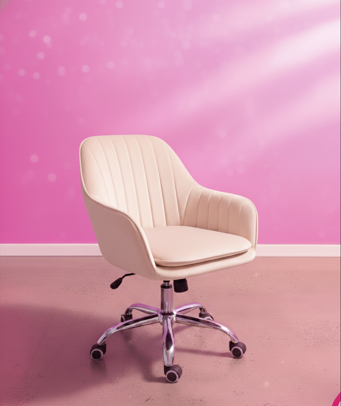 Height-adjustable vanity office chair with soft velvet upholstery, 360-degree swivel, rolling wheels and a modern chrome base for beauty spaces and home offices.