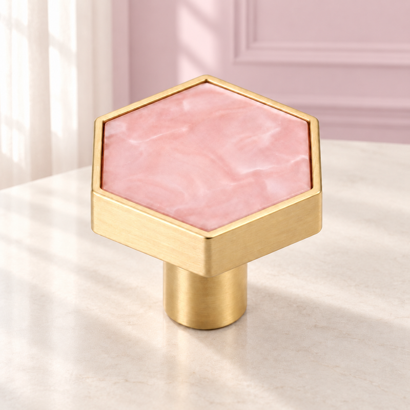 Hexagon Stone Vanity Knob in a soft blush pink setting