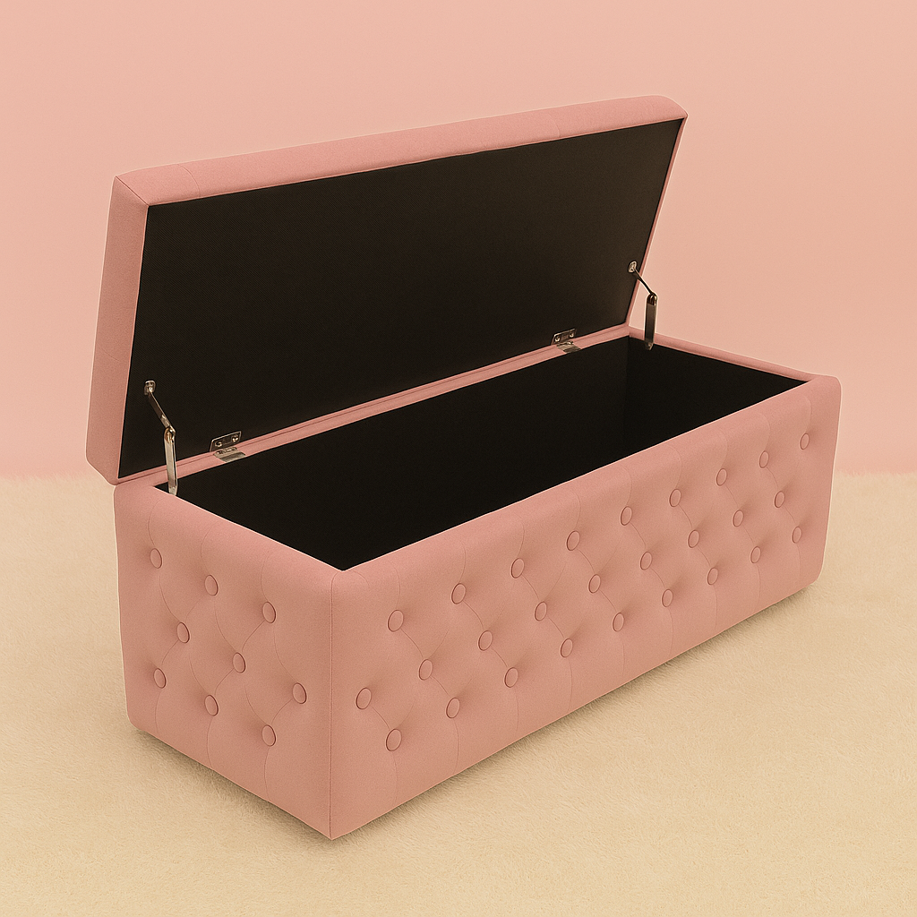 Velvet Vault Luxe Tufted Storage Ottoman with premium suede upholstery, diamond-button tufting, hidden storage compartment and a bench-style design for bedrooms, dressing rooms and living spaces by Vanity Vault.