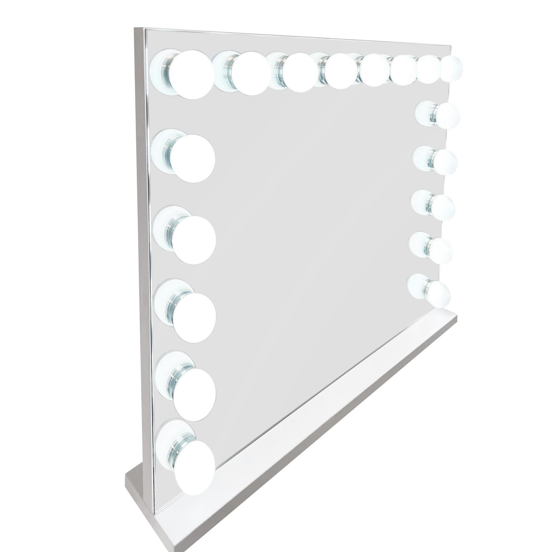 High-gloss makeup vanity with LED-lit drawers, Luna Luxe Hollywood Mirror and Marshmellow Ottoman, creating a complete luxury beauty station for modern bedrooms.