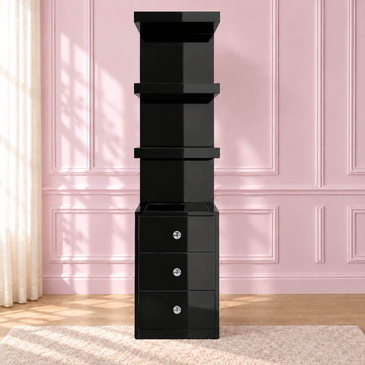 Black Scarlett Sky Tower with three clear faceted crystal drawer knobs in a blush pink room