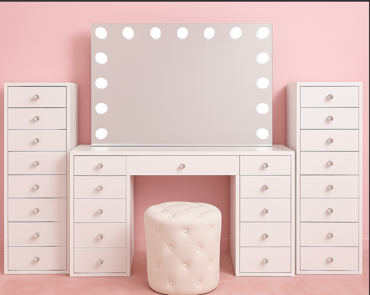 Hollywood Luxe Collection luxury makeup vanity package featuring the BabyFace Vanity, Luna Luxe Hollywood Mirror, two Harmony Drawer Towers and a Marshmellow Ottoman for the ultimate beauty room setup by Vanity Vault.