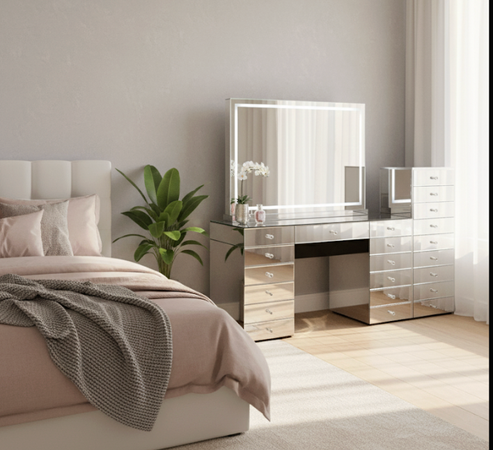 Hollywood mirror with built-in Bluetooth speakers, soft LED strip lighting, dimmable brightness and a luxury mirrored frame for makeup application and beauty routines.