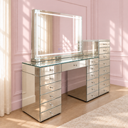 Large LED makeup mirror with Bluetooth speakers, adjustable brightness, crystal-inspired detailing and soft strip lighting for dressing tables and beauty rooms.