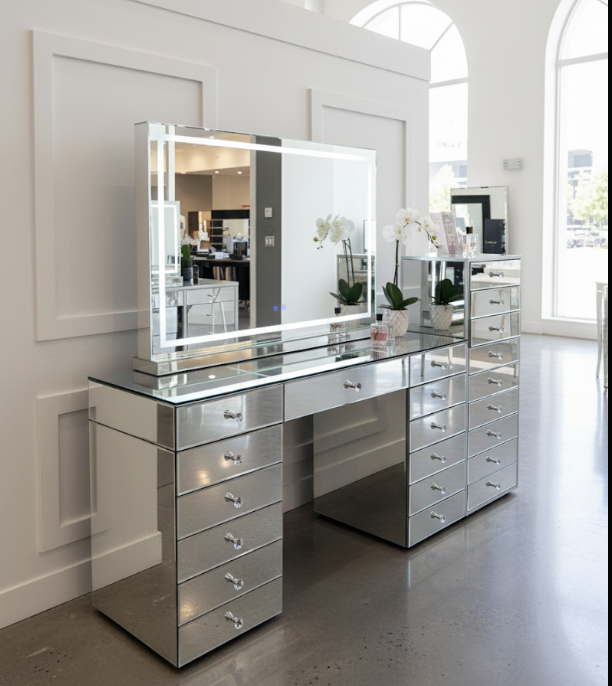 Large LED makeup mirror with Bluetooth speakers, adjustable brightness, crystal-inspired detailing and soft strip lighting for dressing tables and beauty rooms.