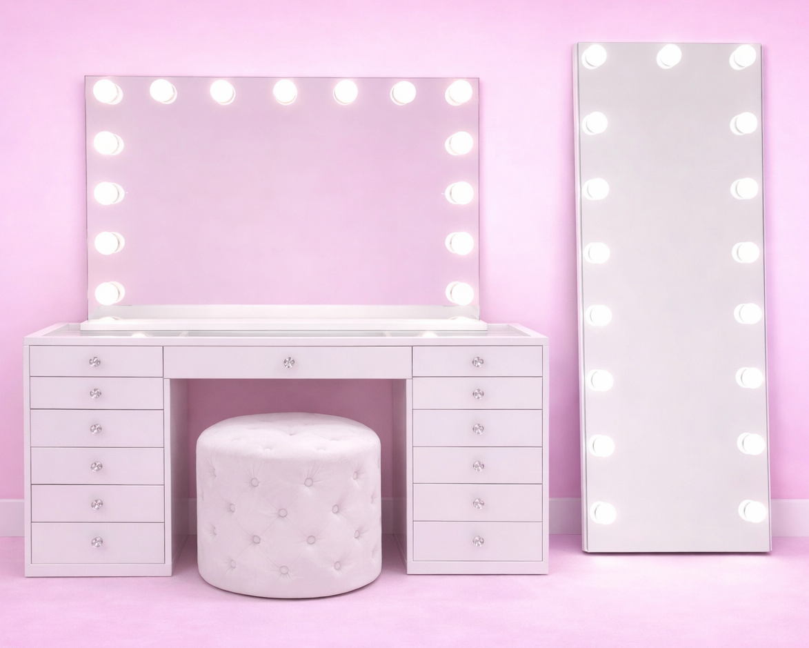 The London Collection luxury makeup vanity package featuring the Baby Face Vanity, Luna Luxe Hollywood Mirror, GlamourGlow Floor Mirror and Marshmallow Ottoman for the ultimate beauty room by Vanity Vault.