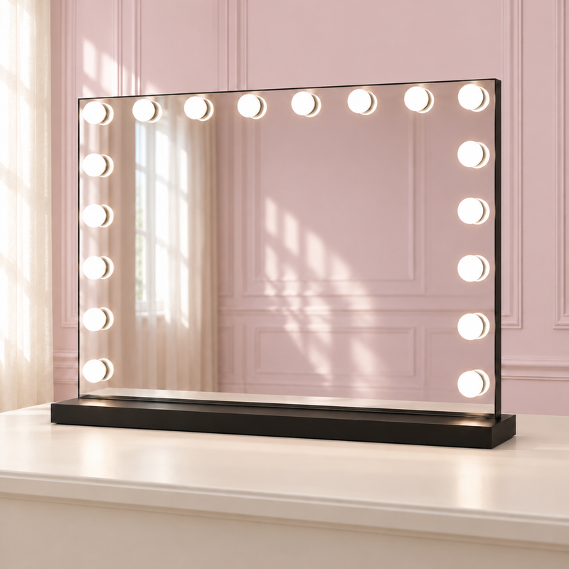 The Luna Luxe Mirror: Black Edition in a soft blush pink setting