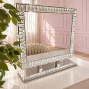 Luxury Diamond LED vanity mirror with sparkling crystal detailing, dimmable lighting and three colour settings for makeup vanities, beauty rooms and dressing tables.