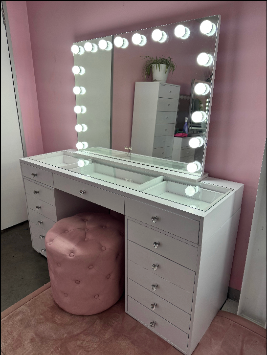 Complete makeup vanity set in Australia featuring the BabyFace Vanity, Luna Luxe Hollywood Mirror and Marshmellow Ottoman for stylish bedrooms, beauty rooms and dressing tables.