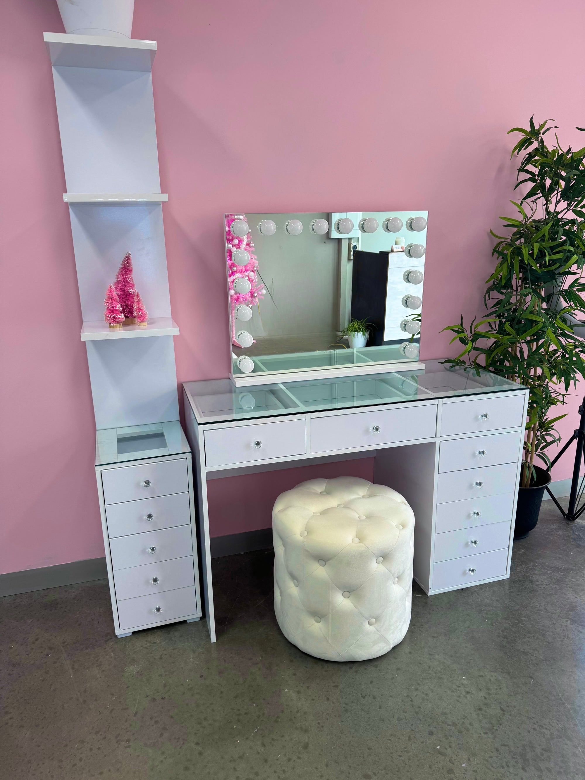 Luxury Mini Deluxe makeup vanity in Australia with a high-gloss finish, flush glass top, crystal-style knobs and spacious storage for modern beauty rooms.