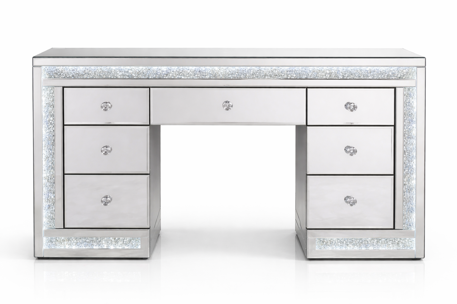 Luxury mirrored dressing table with LED lighting, crystal detailing and seven spacious drawers for makeup storage, beauty rooms and glamorous bedrooms.