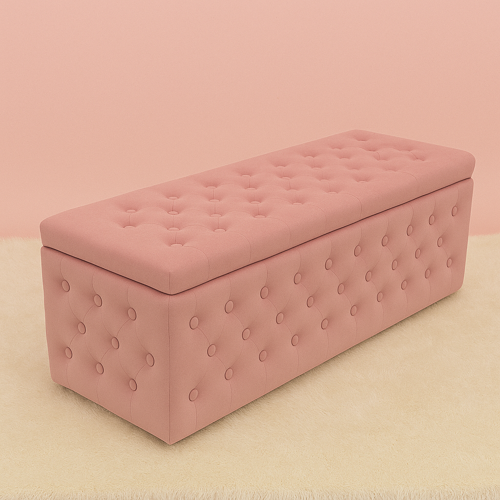 Luxury storage ottoman bench in Australia with soft suede upholstery, hidden storage, diamond-button tufting and a sophisticated design for modern interiors.