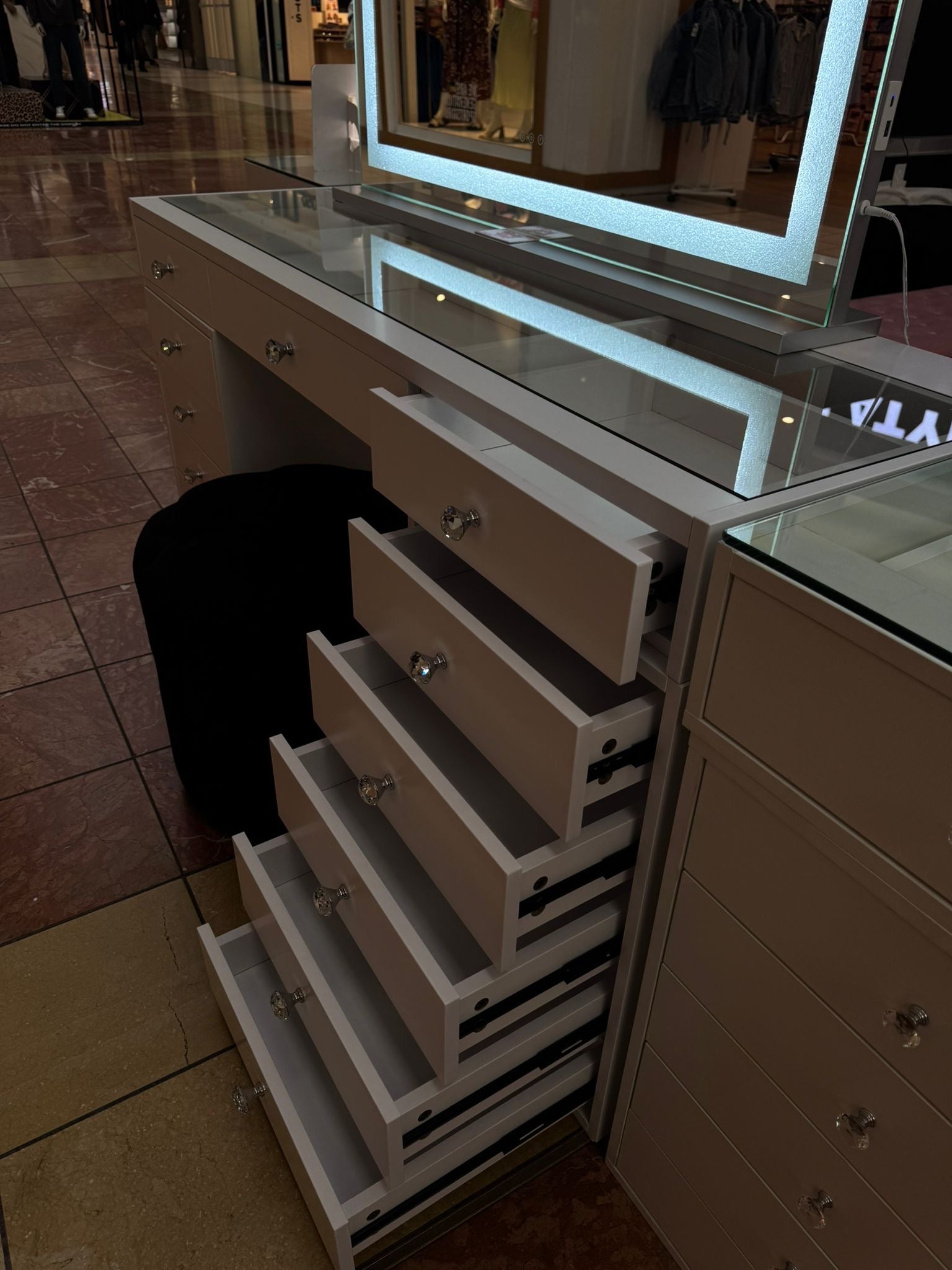 Luxury white makeup vanity in Australia with a premium high-gloss finish, crystal-style drawer knobs and generous storage for makeup, skincare and beauty accessories.