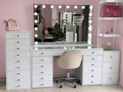 Luxury white makeup vanity package with Hollywood LED mirror, spacious makeup desk and matching storage towers for bedrooms, beauty rooms and salons
