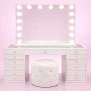 Luxury white makeup vanity set with the Dollface Vanity, Luna Luxe Hollywood Mirror and matching Marshmellow Ottoman for modern bedrooms and glamorous beauty rooms.