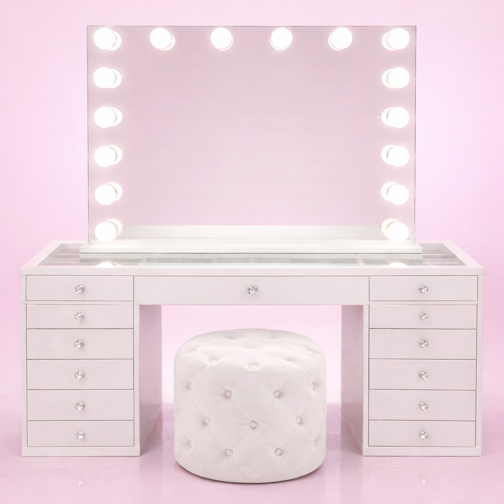 Luxury white makeup vanity set with the Dollface Vanity, Luna Luxe Hollywood Mirror and matching Marshmellow Ottoman for modern bedrooms and glamorous beauty rooms.