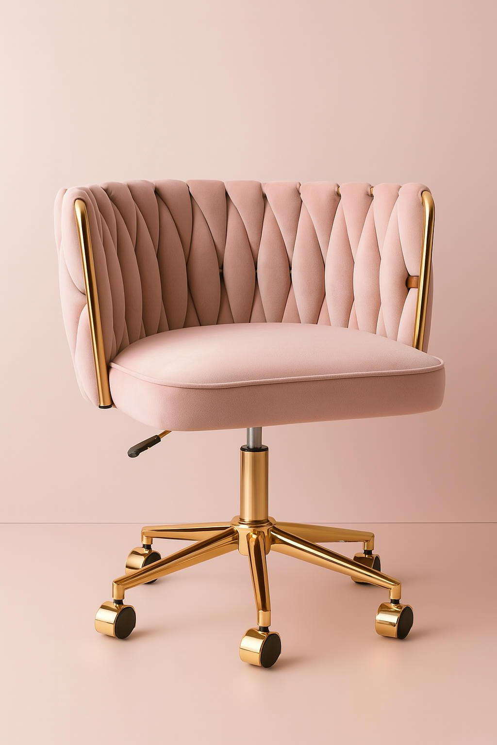 Goldie Luxe velvet vanity chair with soft upholstered seating, elegant gold legs and a modern curved design for makeup vanities, dressing tables, bedrooms and beauty rooms by Vanity Vault.