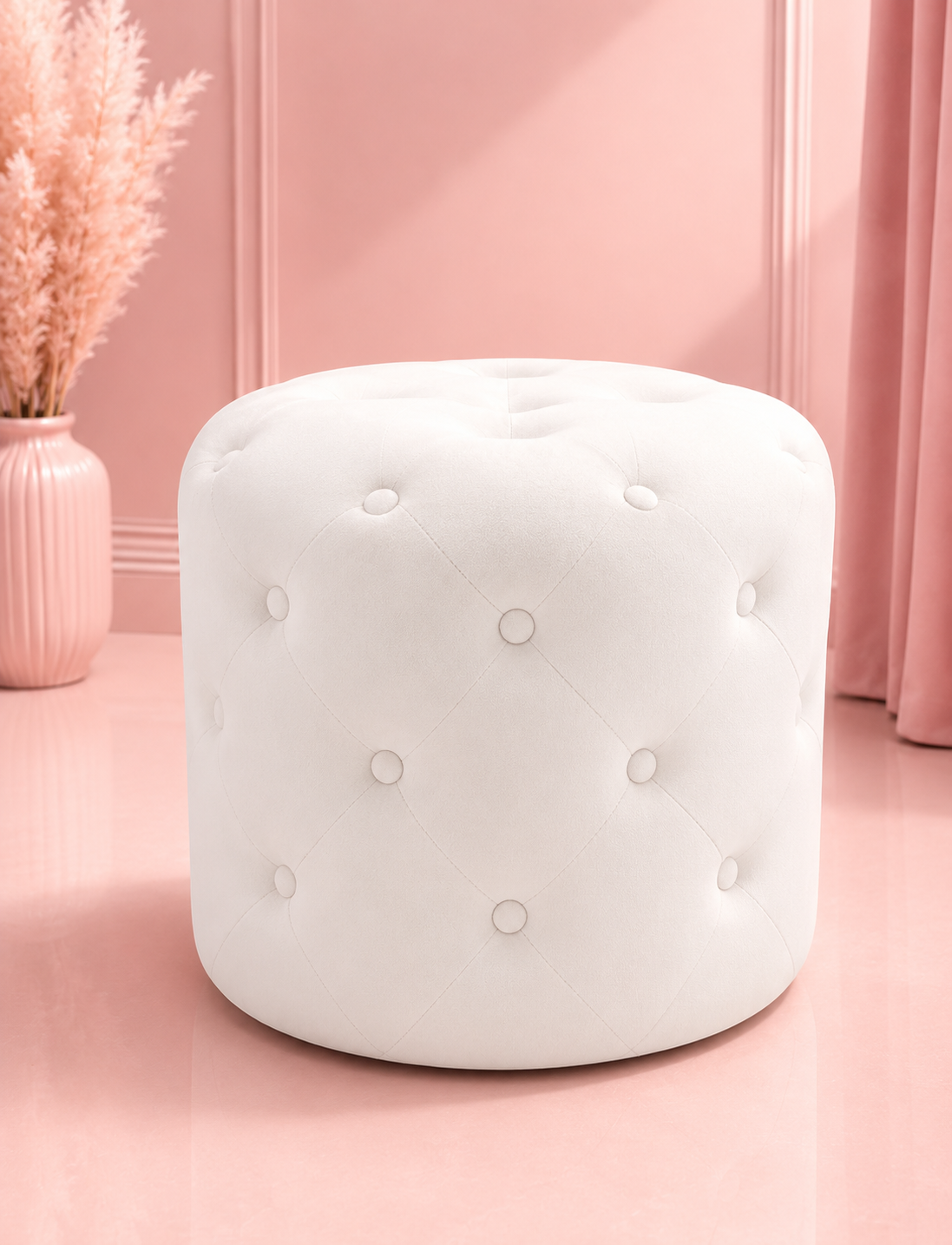 Marshmellow makeup vanity ottoman with a plush cushioned seat, elegant rounded design and premium upholstery for dressing tables, beauty rooms, bedrooms and makeup vanities by Vanity Vault.
