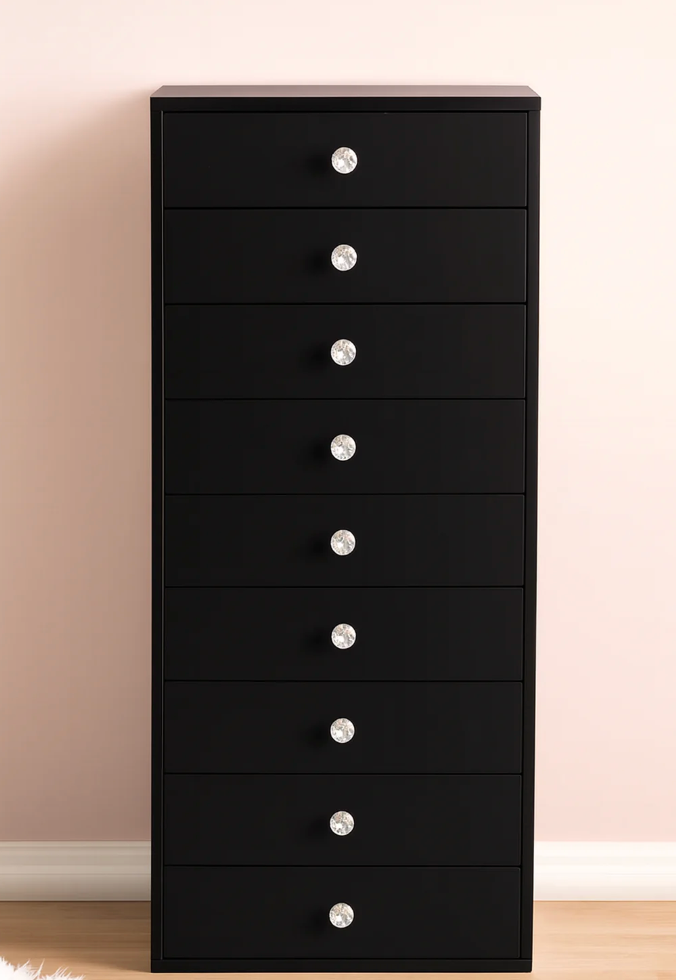 Matte Black Harmony 9 Tower with nine spacious storage drawers, crystal-style knobs and a slim space-saving design for makeup, beauty products and accessories by Vanity Vault.