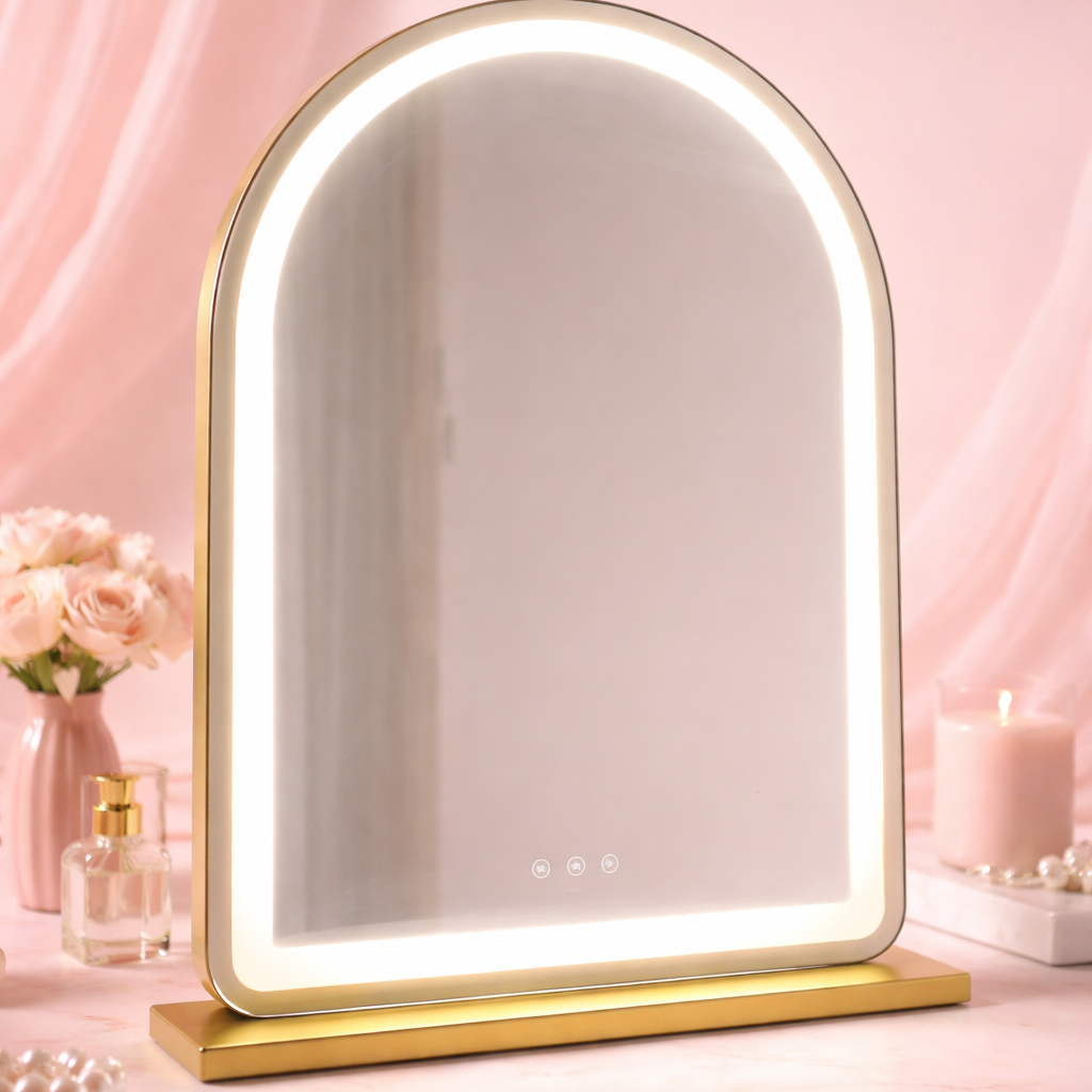 Mini Aries arched LED makeup mirror featuring warm, cool and neutral light settings, touch controls, dimmable lighting and USB charging for modern vanity setups.
