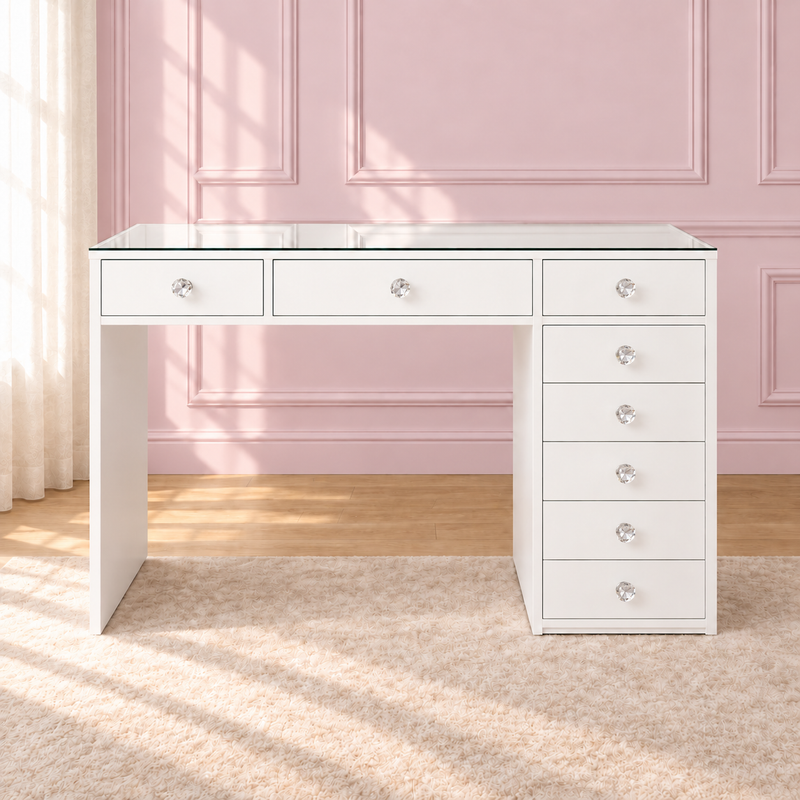 PRE ORDER: The Mini Deluxe Vanity in a soft blush pink setting — with clear faceted crystal drawer knobs.