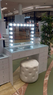 Mini Deluxe vanity with Hollywood mirror package including the Seraphina LED mirror and Marshmellow Ottoman for a functional and elegant beauty room setup.