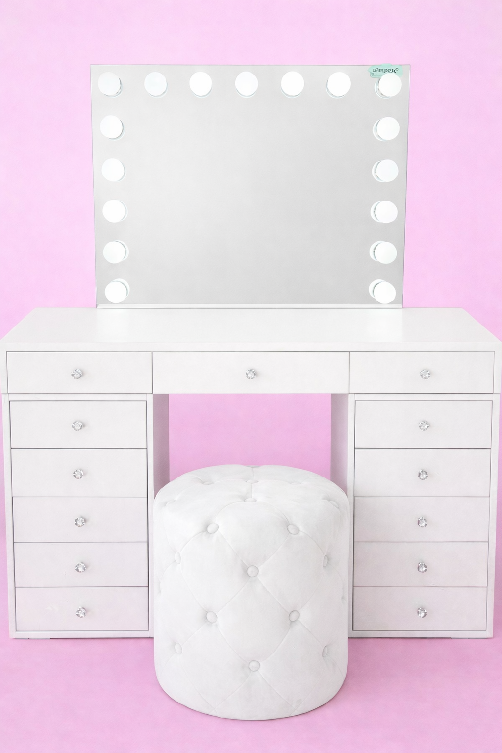 Mini Dollface Vanity package with the Seraphina LED Hollywood Mirror and Marshmellow Ottoman, creating a complete compact beauty station with generous storage.