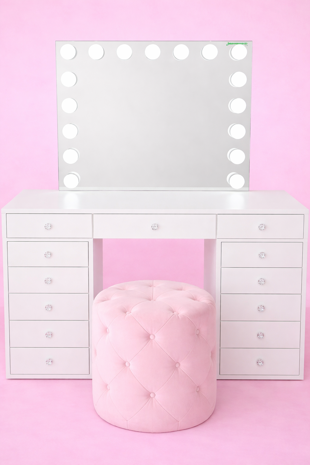 Mini Dollface makeup vanity package featuring the Mini Dollface Vanity, Seraphina LED Hollywood Mirror and Marshmellow Ottoman, creating a complete luxury beauty station for bedrooms and beauty rooms by Vanity Vault.