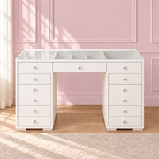The Mini Dollface Vanity with flush-fitted glass, slim front and side edges, and a wider white rear strip