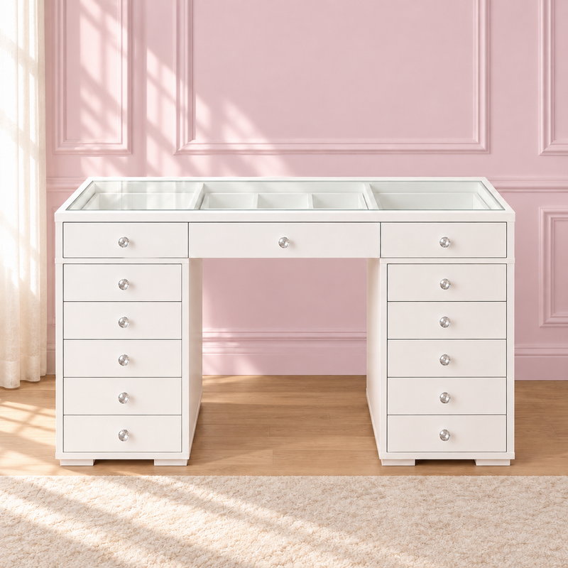 The Mini Dollface Vanity in a soft blush pink setting