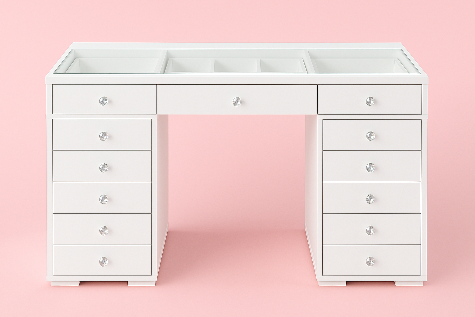 Mini Dollface White Makeup Vanity with Glass Top, Crystal Knobs and 11 Storage Drawers – 120cm