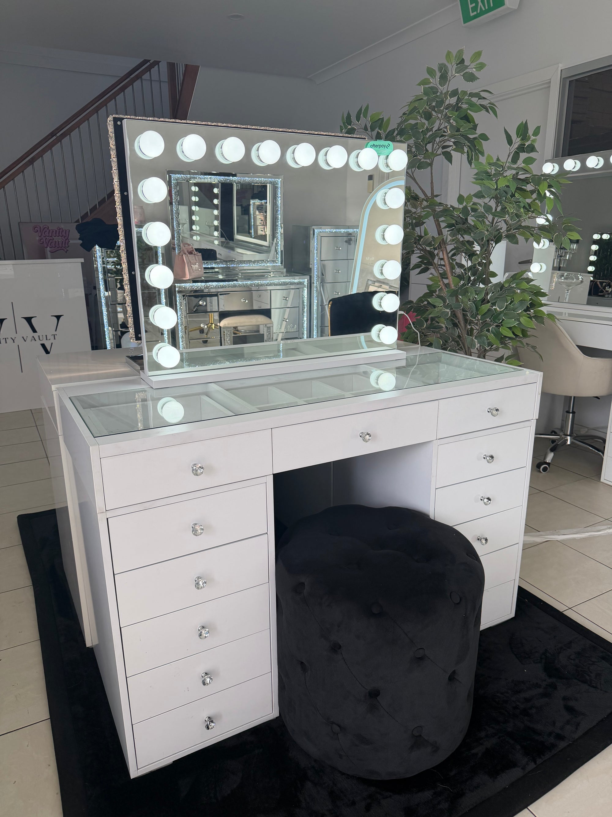 Mini dressing table with LED Hollywood mirror and matching vanity stool, perfect for makeup storage, skincare routines and compact beauty spaces.