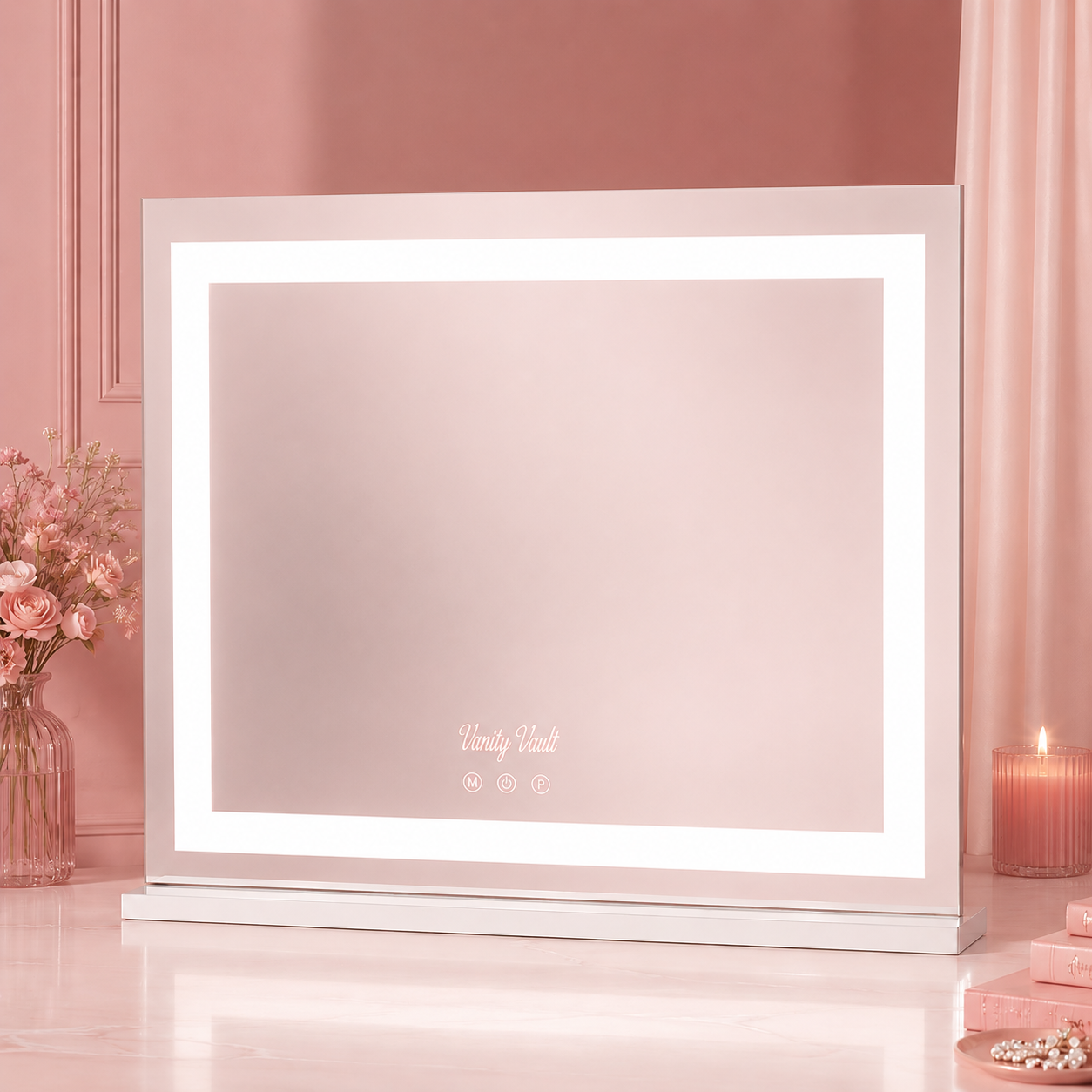 Mini Nova Hollywood mirror with adjustable LED lighting, three light colours, dimmable brightness and built-in USB and Type-C charging ports by Vanity Vault.