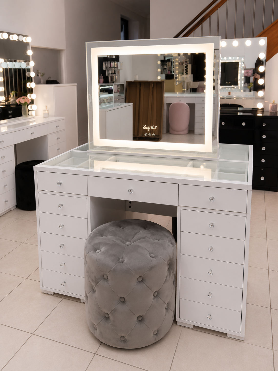 Mini Nova LED makeup mirror featuring warm, cool and neutral lighting, touch controls and a sleek modern design for vanities, bedrooms and beauty rooms.