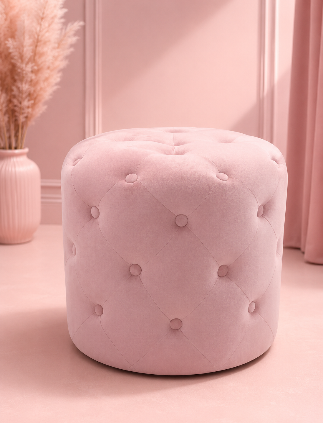 Minimalist vanity ottoman with a plush cushioned seat and modern rounded design for bedrooms, beauty rooms and dressing tables.